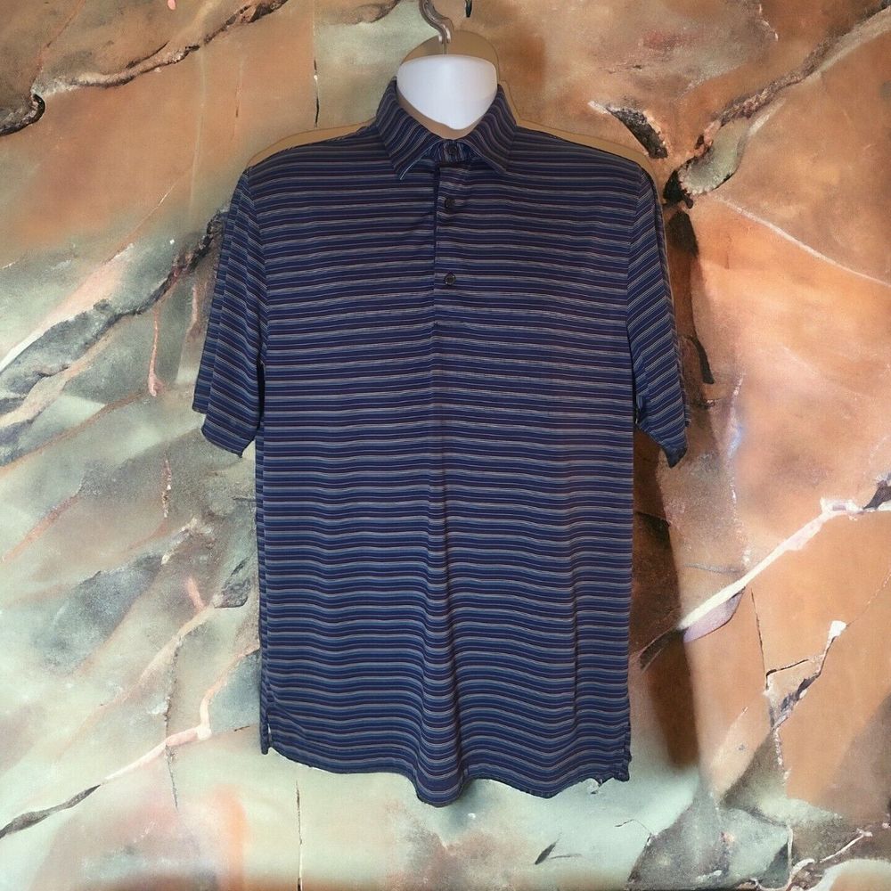 Greg Norman Polo Shirt Mens Medium Blue Striped Shark Golf Short Sleeve